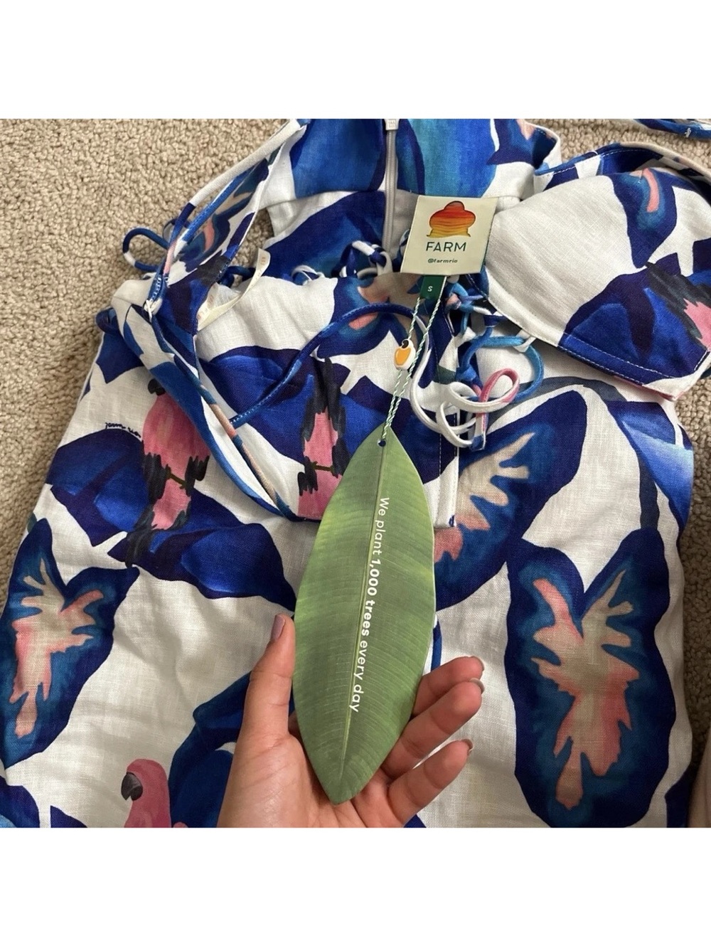 Women's Farm Rio Dress S Linen Anthropologie New Blue White Midi Floral Tropical - Picture 6 of 7